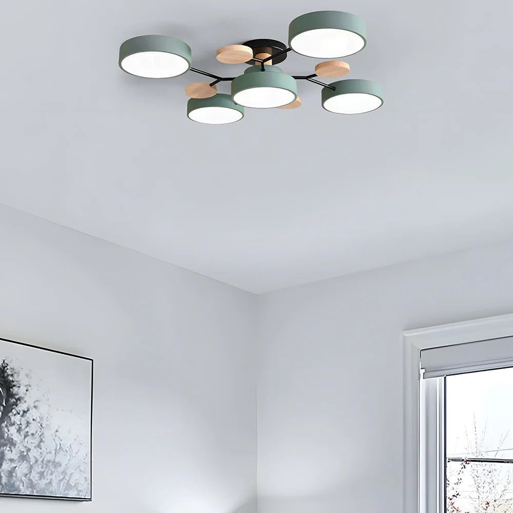 Modern LED Semi-Flush Mount Ceiling Light Fixture – Round Ceiling Light with Wood Accents