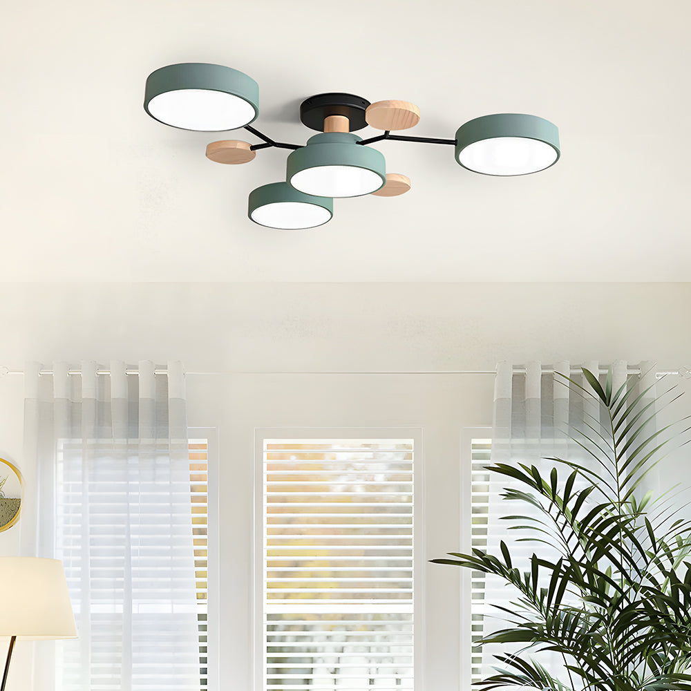 Modern LED Ceiling Light Fixture – Black Round Ceiling Light with Wood Accents