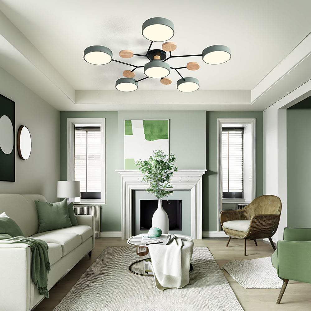 Modern LED Ceiling Light Fixture – Black Round Ceiling Light with Wood Accents
