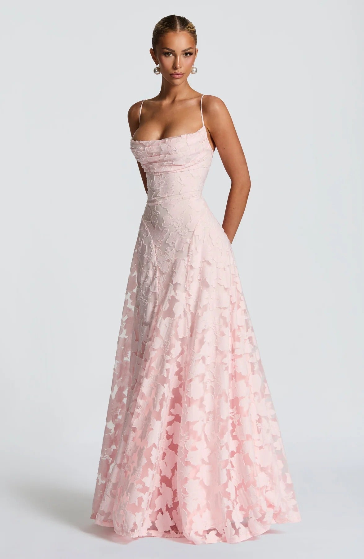 Floral-Applique Strappy Corset Fit-and-Flare Maxi Wedding Guest Dress