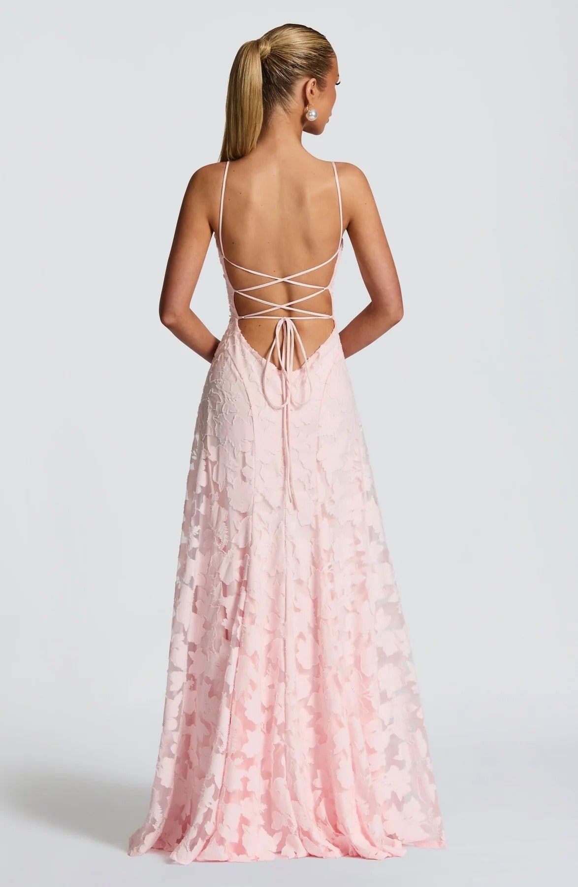Floral-Applique Strappy Corset Fit-and-Flare Maxi Wedding Guest Dress