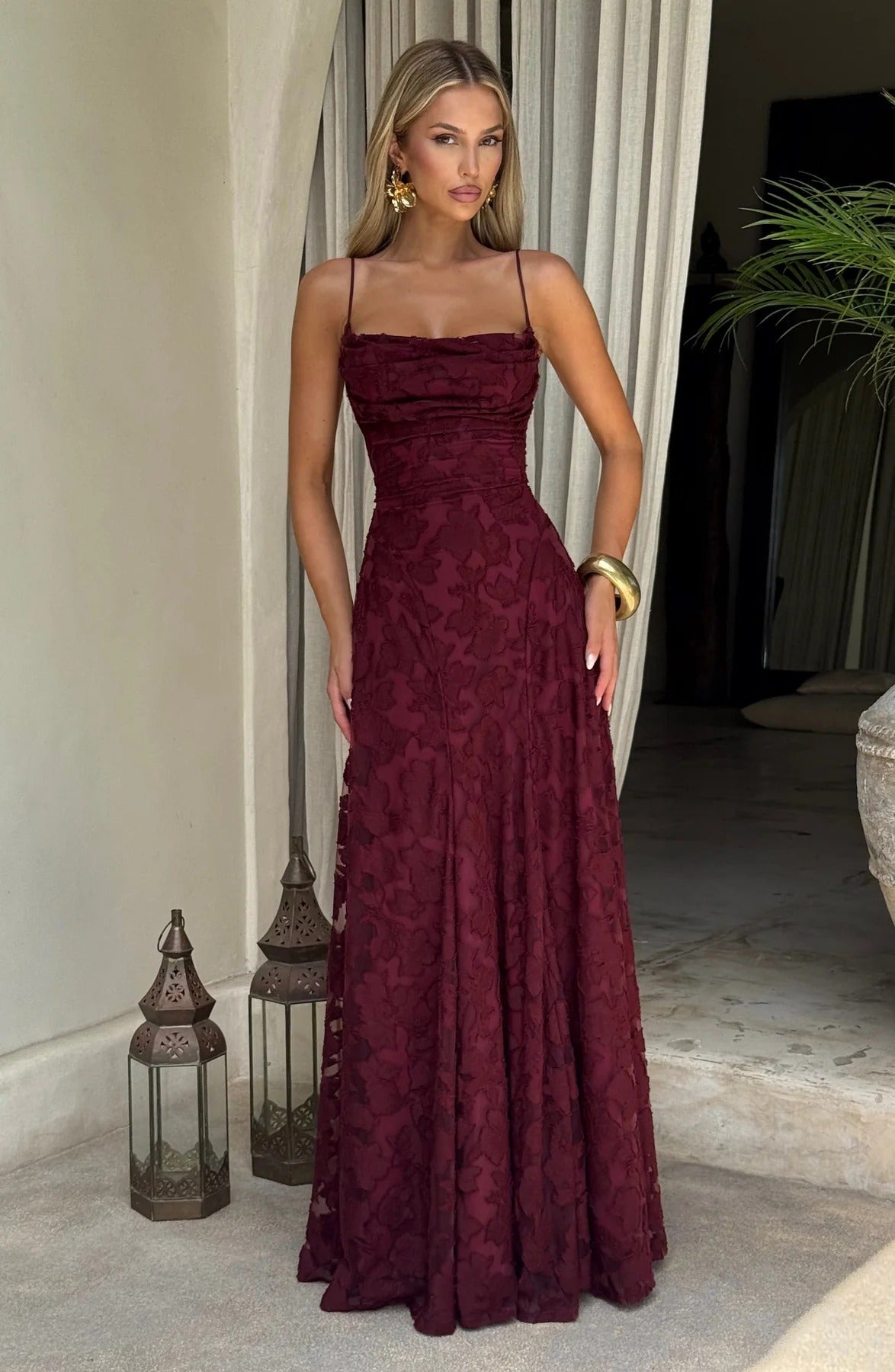 Floral-Applique Strappy Corset Fit-and-Flare Maxi Wedding Guest Dress
