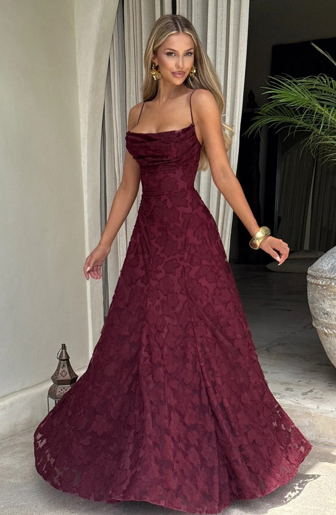 Floral-Applique Strappy Corset Fit-and-Flare Maxi Wedding Guest Dress