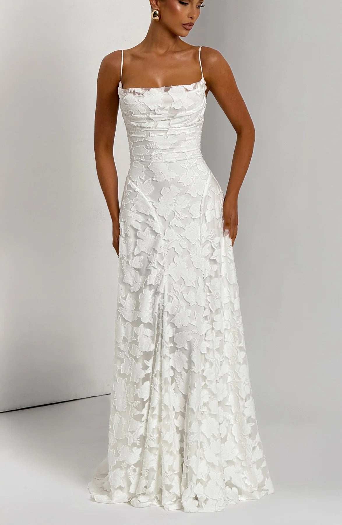 Floral-Applique Strappy Corset Fit-and-Flare Maxi Wedding Guest Dress