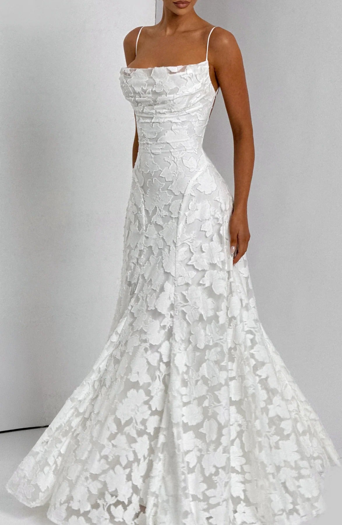 Floral-Applique Strappy Corset Fit-and-Flare Maxi Wedding Guest Dress