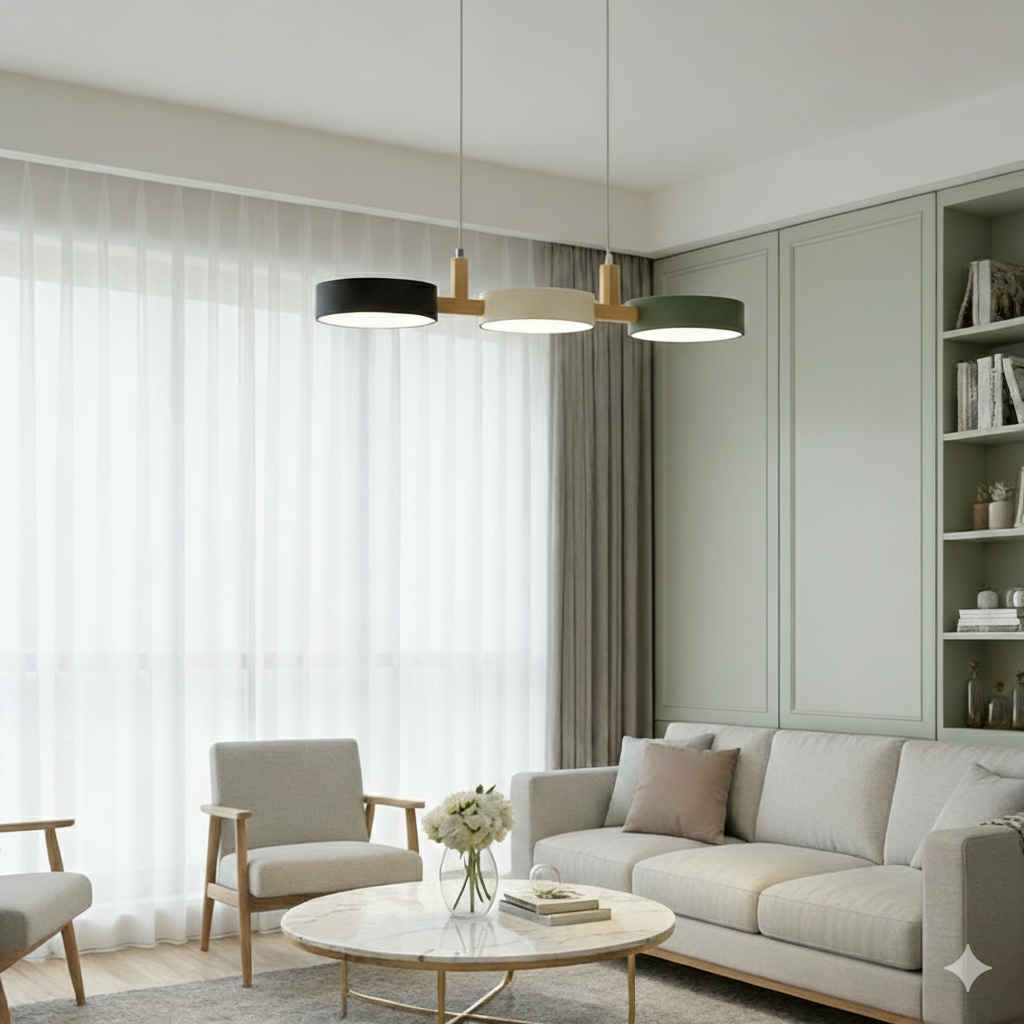 Linear Pendant Light Fixture – Modern Multi-Light LED Ceiling Light with Wood Accents