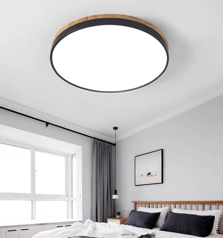 Flush Mount Ceiling Light Fixture – Round LED Ceiling Light with Wood Trim