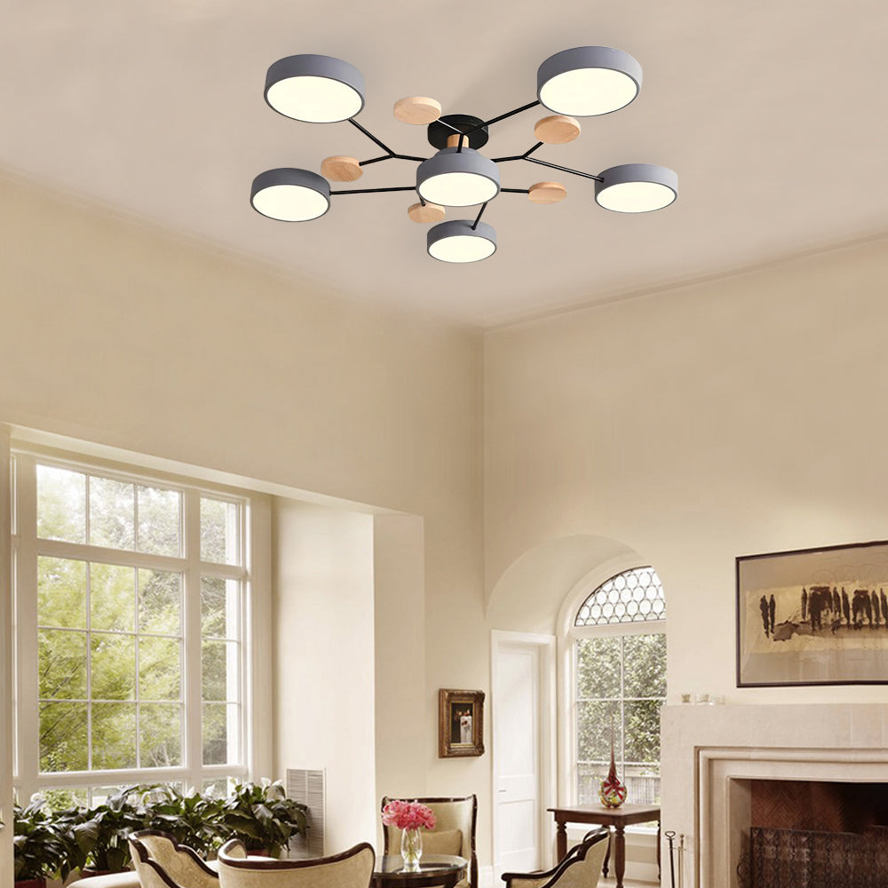 Modern LED Ceiling Light Fixture – Black Round Ceiling Light with Wood Accents
