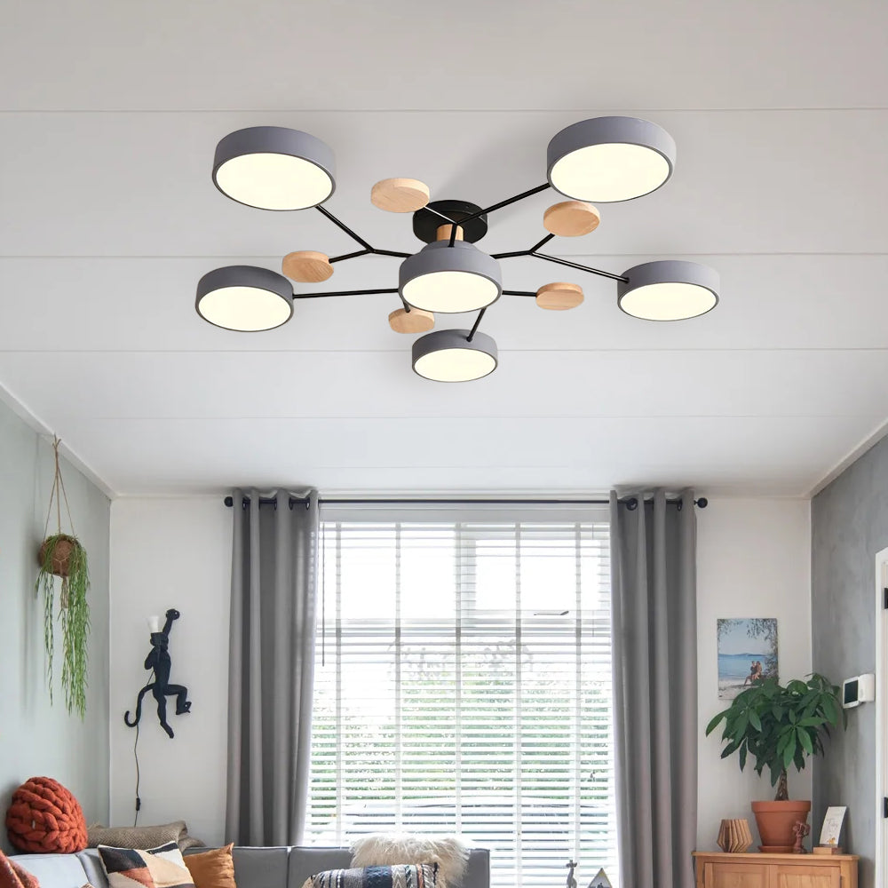 Modern LED Ceiling Light Fixture – Black Round Ceiling Light with Wood Accents