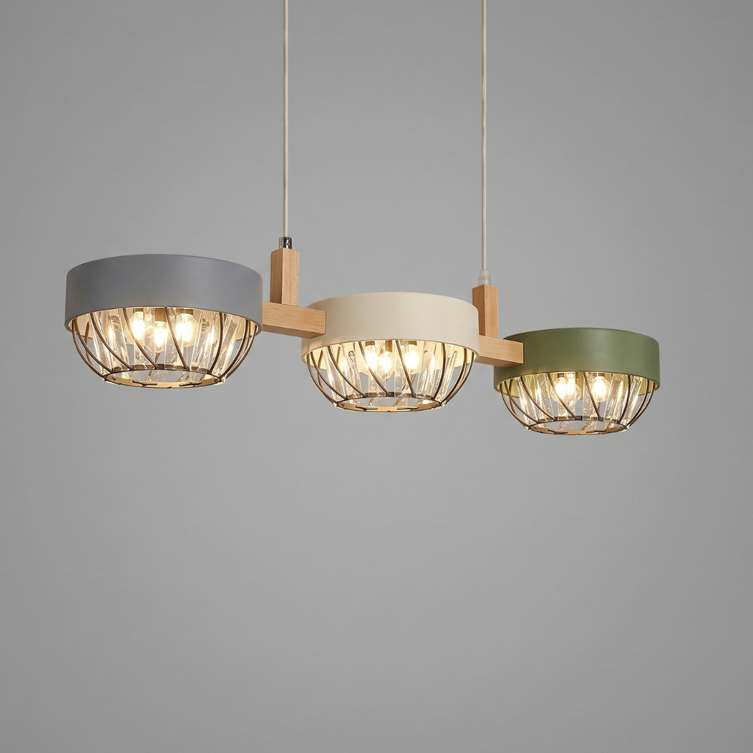 Linear Pendant Light Fixture – Modern Multi-Light LED Ceiling Light with Wood Accents