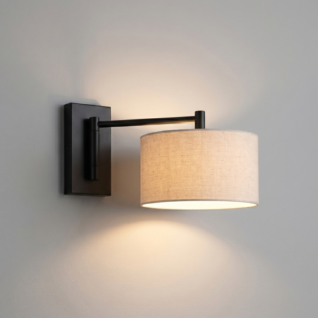 Black Wall Sconce Light Fixture – Modern Fabric Shade Bedside Wall Lamp