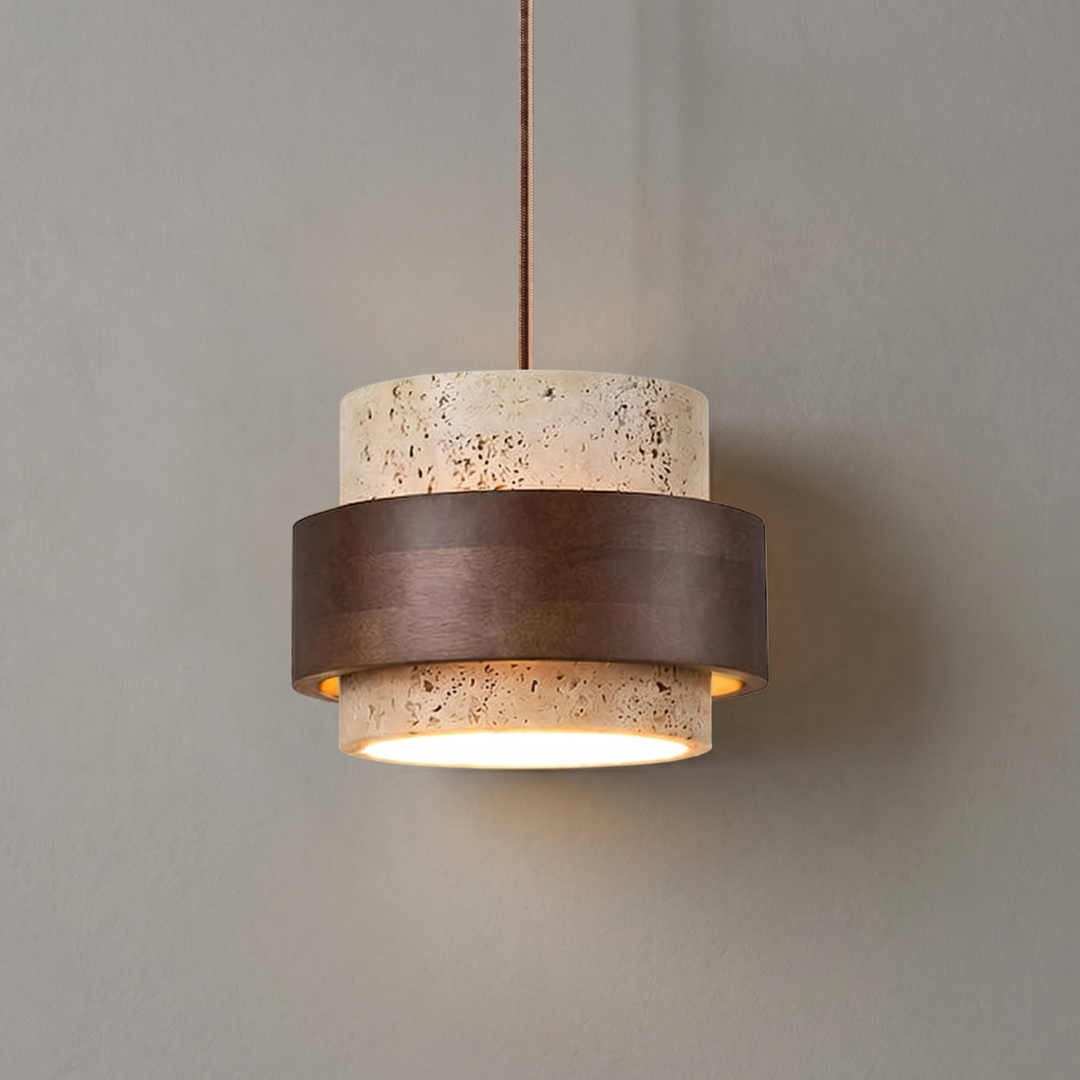 Travertine Pendant Light Fixture – Modern Stone & Walnut Wood Ceiling Light