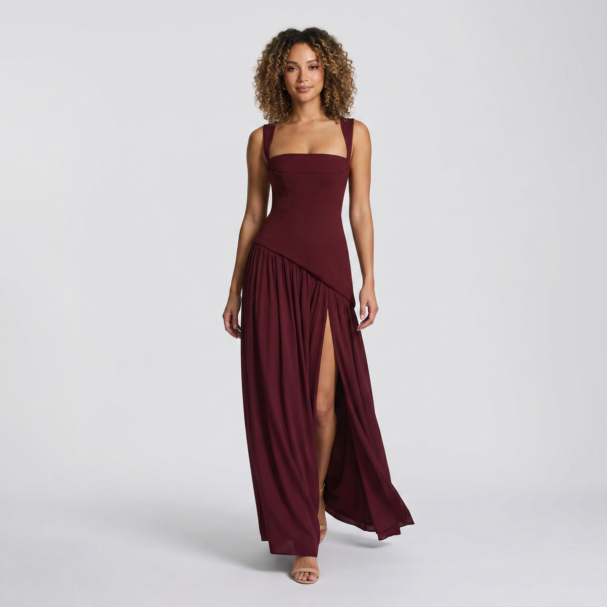 Strapless Choker Wrap High-Slit Maxi Wedding Guest Dress