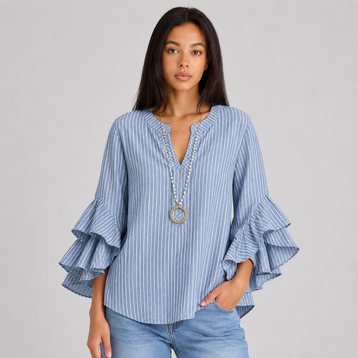 Striped V-Neck Blouse – Elegant Warm-Weather Look