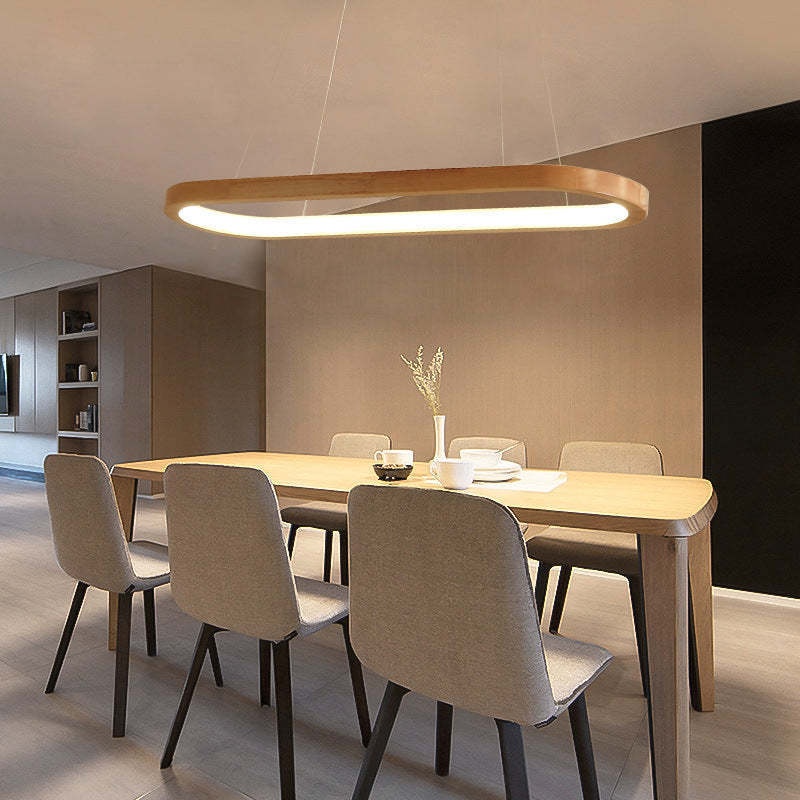 Oval Wood Pendant Light Fixture – Modern Linear LED Kitchen Island Light