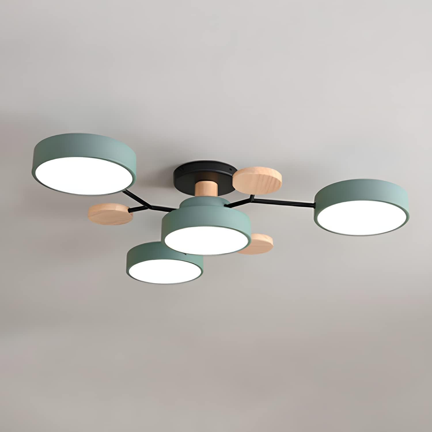 Modern LED Ceiling Light Fixture – Black Round Ceiling Light with Wood Accents