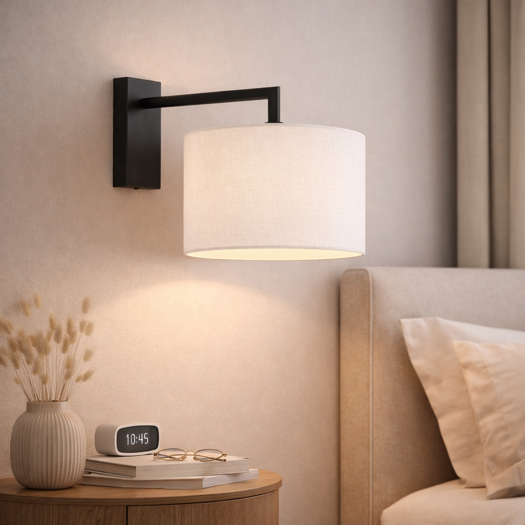 Black Wall Sconce Light Fixture – Modern Fabric Shade Bedside Wall Lamp