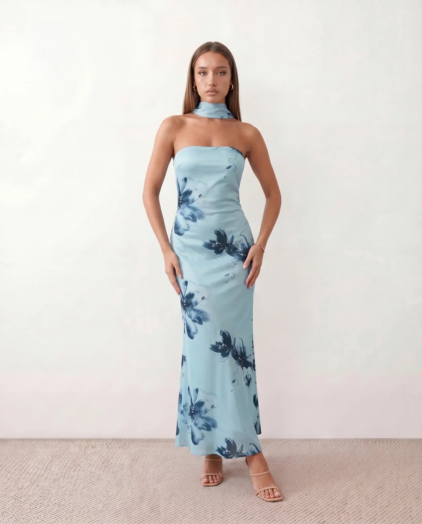 Floral Strapless Choker Satin Column Maxi Wedding Guest Dress