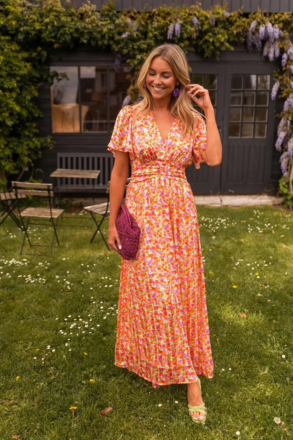 ditsy floral maxi dress V-Neck Flutter-Sleeve Tiered Wedding Guest casual outfits for date Color:LIGHT PINK METOES Women's 2024 Summer black-tie