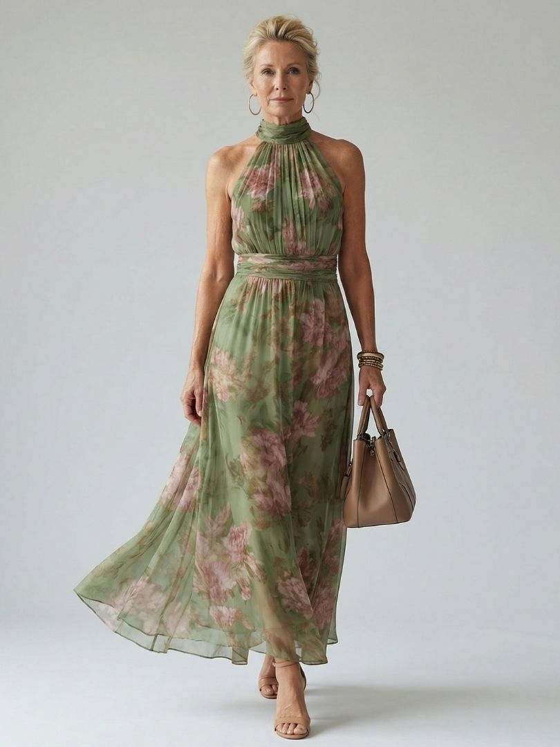Floral Midi Halter Dress – Relaxed Daytime Look