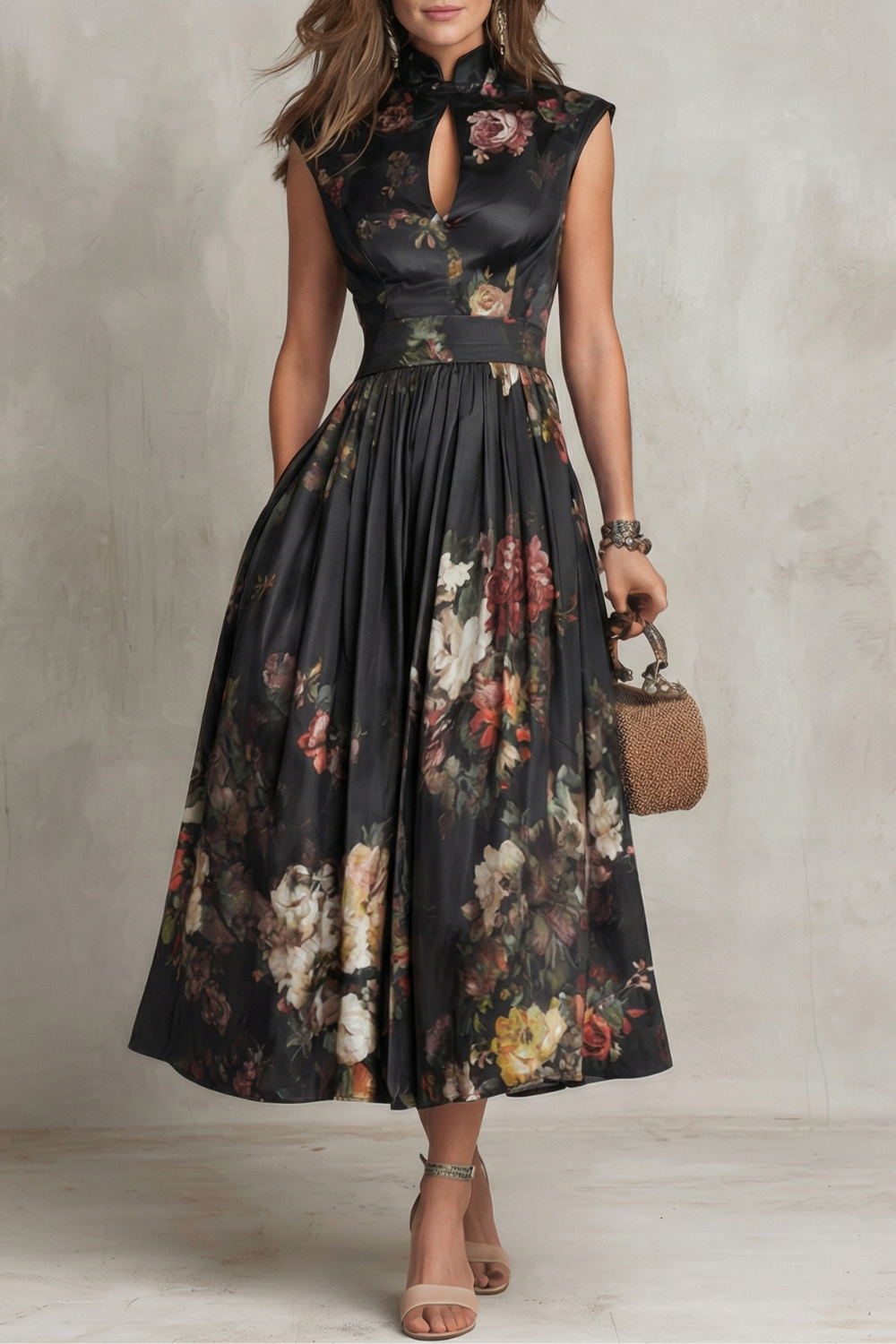 Floral Midi Pleated Dress – Evening-Ready Elegance