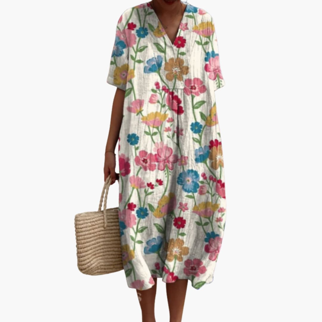 Floral Midi V-Neckline Dress – Relaxed Holiday Look