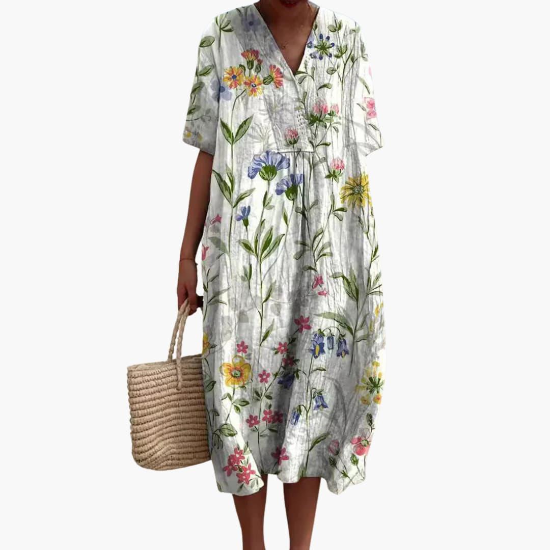 Floral Midi V-Neckline Dress – Relaxed Holiday Look