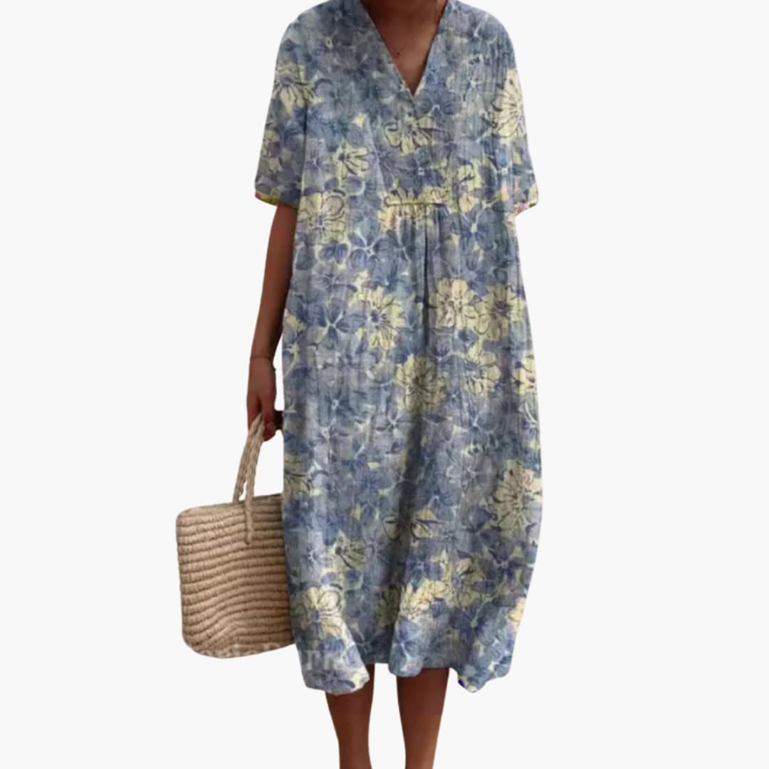 Floral Midi V-Neckline Dress – Relaxed Holiday Look