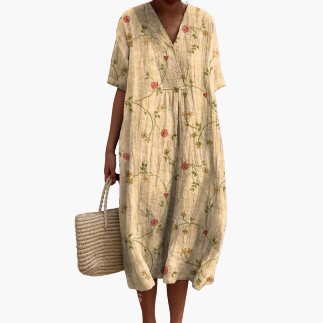 Floral Midi V-Neckline Dress – Relaxed Holiday Look
