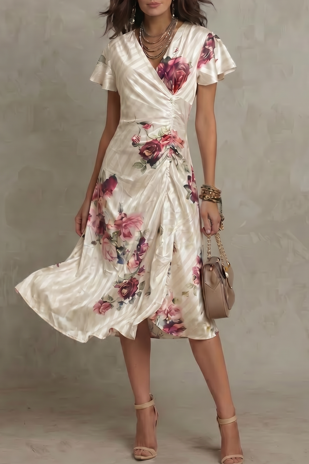 Floral Satin V-Neck Flutter-Sleeve Ruched Wrap Midi Wedding Guest Dress