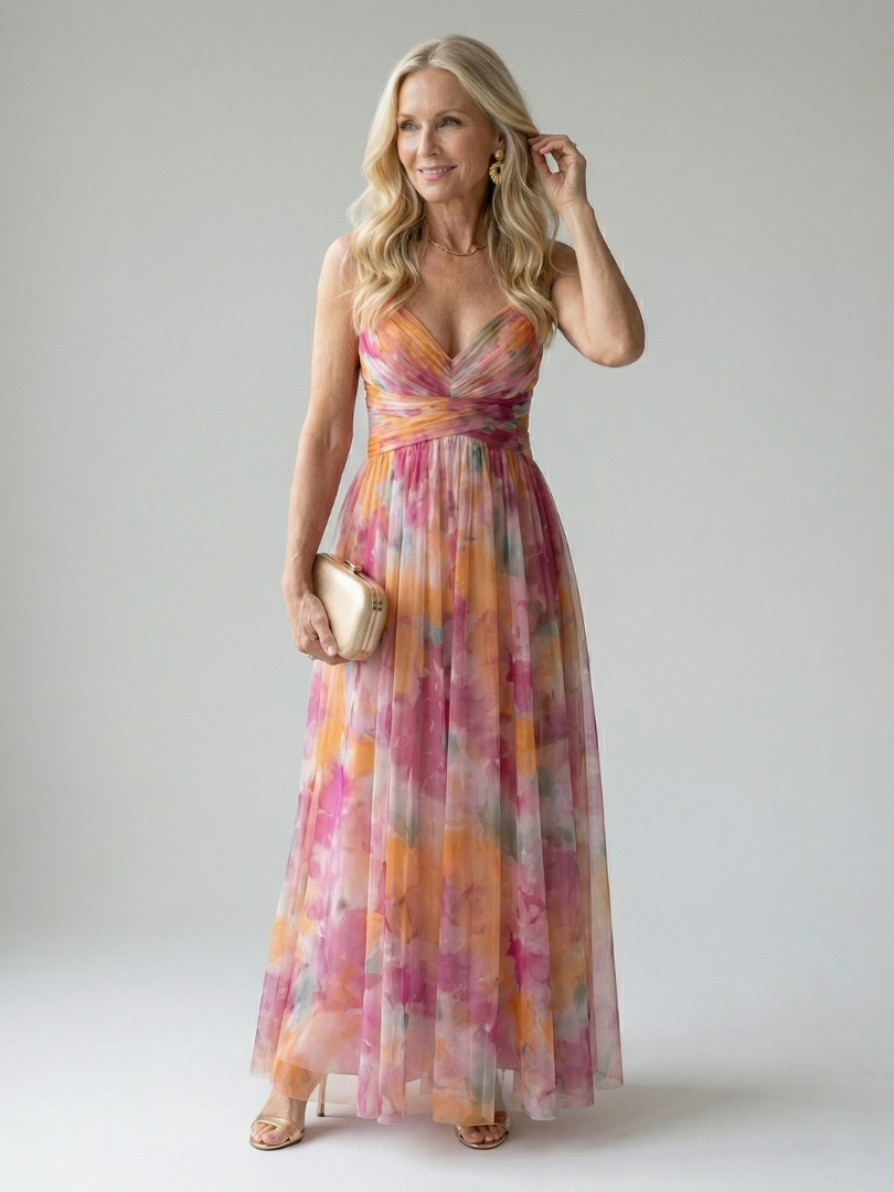 Floral V-Neck Maxi Dress – Elegant Wedding Guest Silhouette