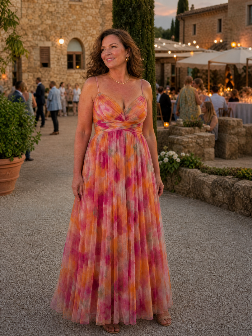 Floral V-Neck Maxi Dress – Elegant Wedding Guest Silhouette