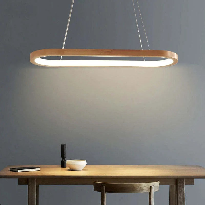 Oval Wood Pendant Light Fixture – Modern Linear LED Kitchen Island Light