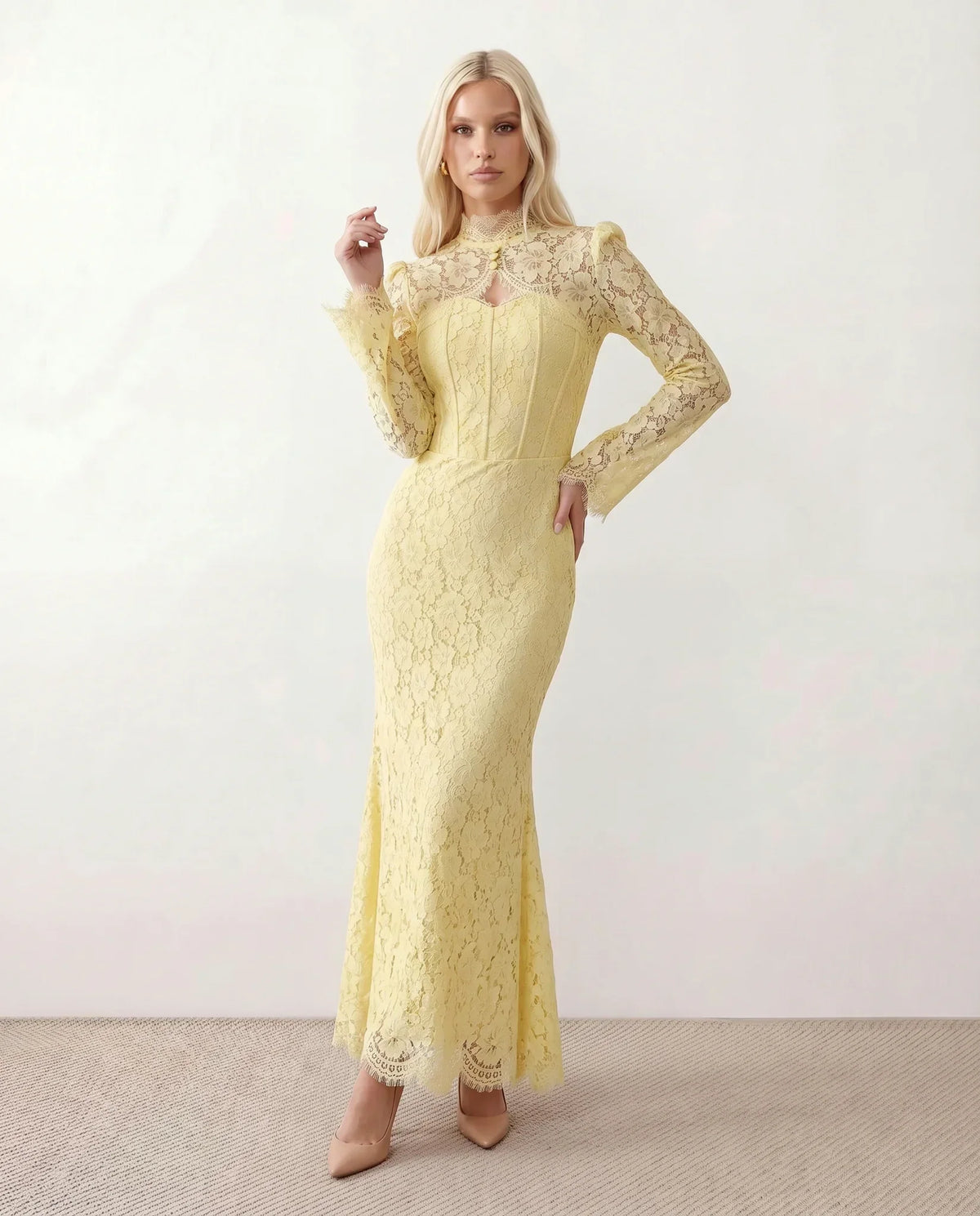 lace maxi dress for wedding guest Illusion-Neck Long-Sleeve Mermaid Color:Mellow Yellow Crafted in our premium v_back_dress What to Wear with