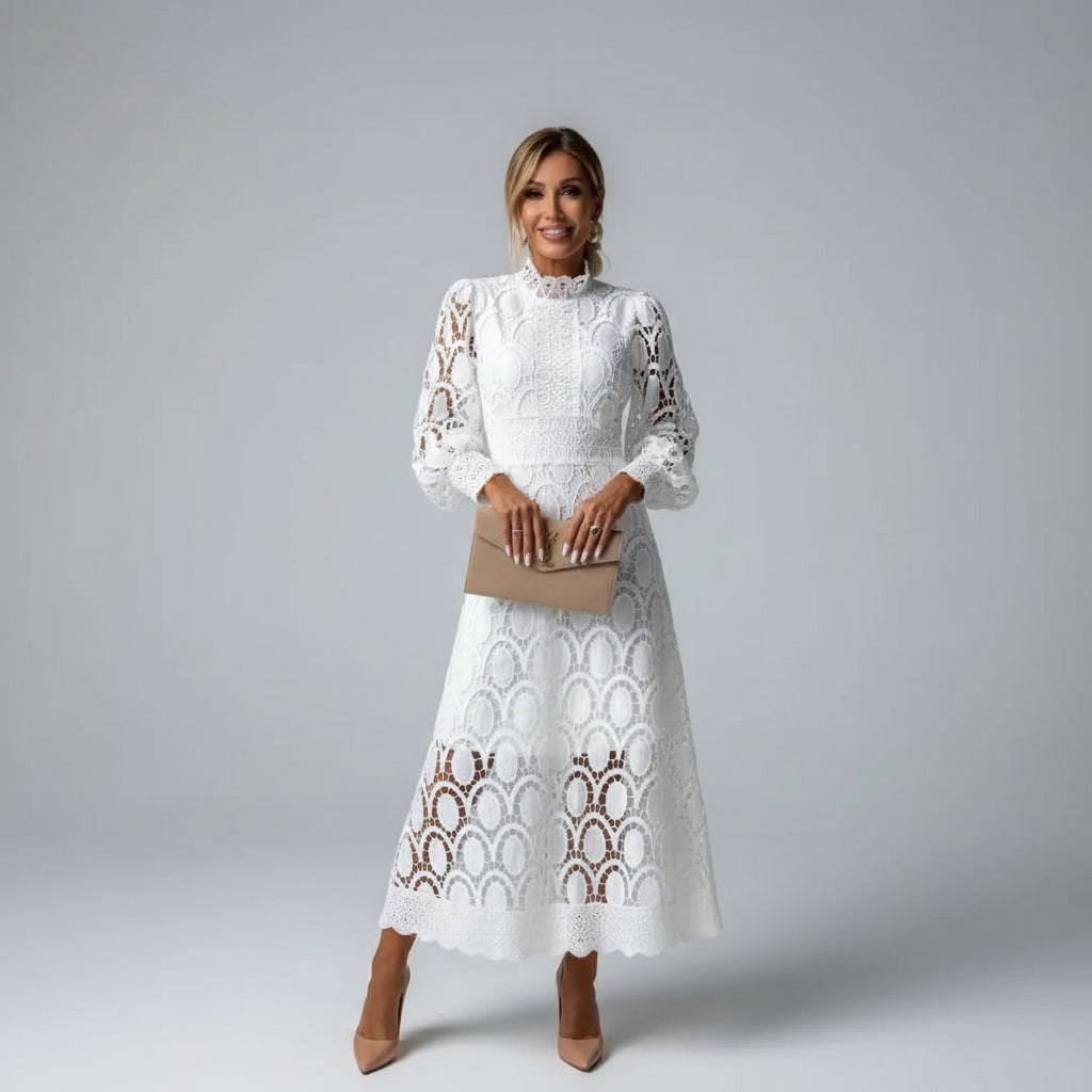 Lace Mock-Neck Long-Sleeve Midi Wedding Guest Dress