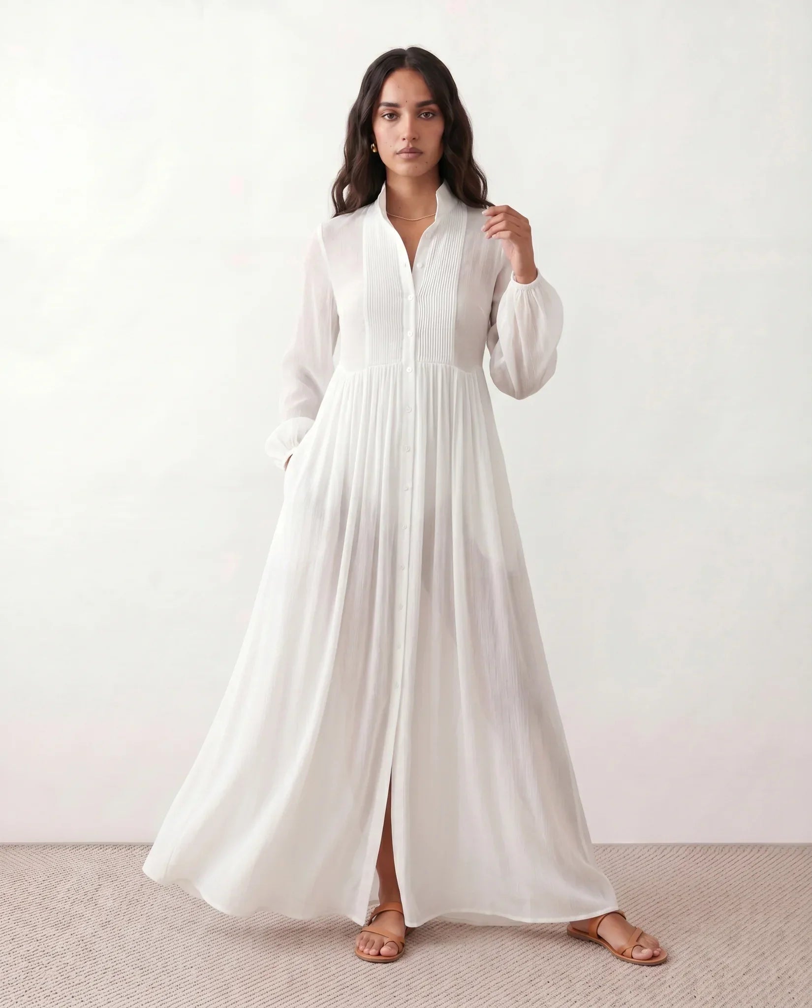 Collared Long-Sleeve Button-Front Maxi Wedding Guest Dress