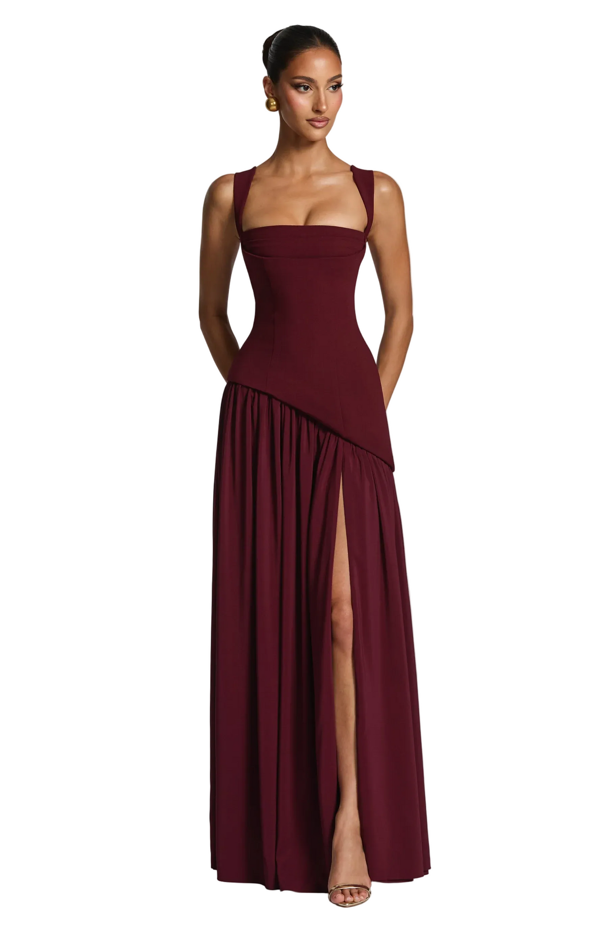 maxi ruched bodycon dress Square-Neck Strappy High-Slit night transitions plus size wedding guest dress THE HOLLIES - Long Color:Ivory/Sorbet/Nude/Ivory