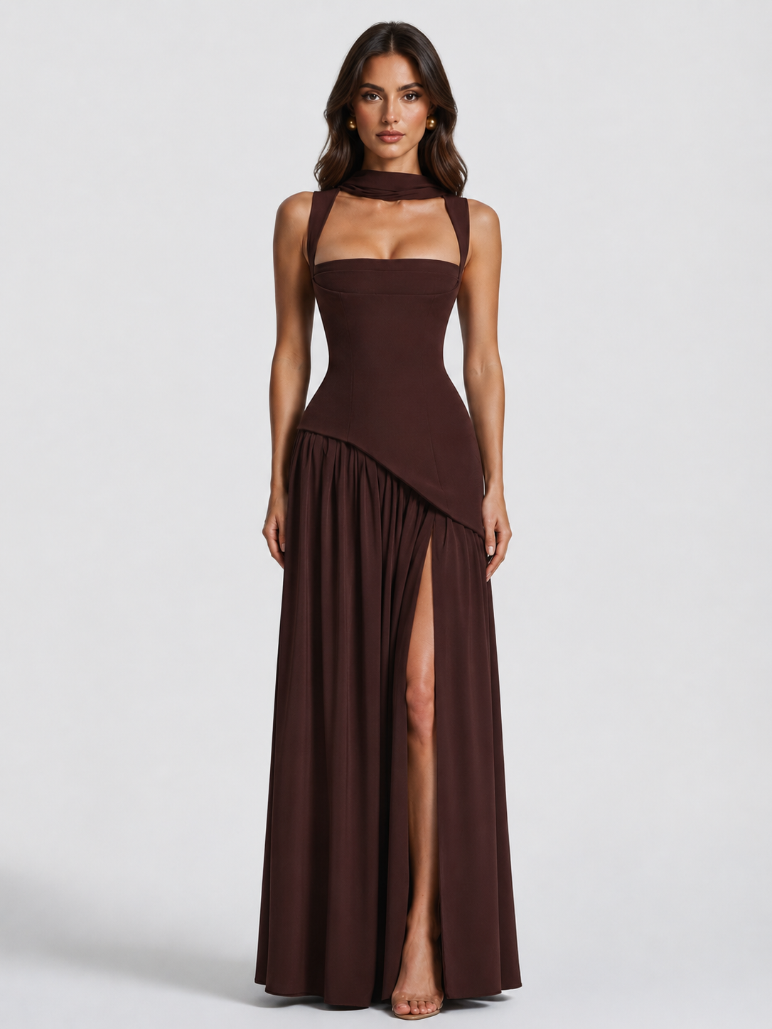 Strapless Choker Wrap High-Slit Maxi Wedding Guest Dress