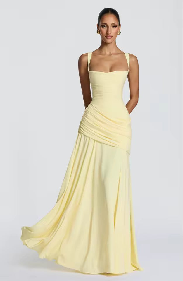 Square-Neck Ruched Tiered Maxi Wedding Guest Dress