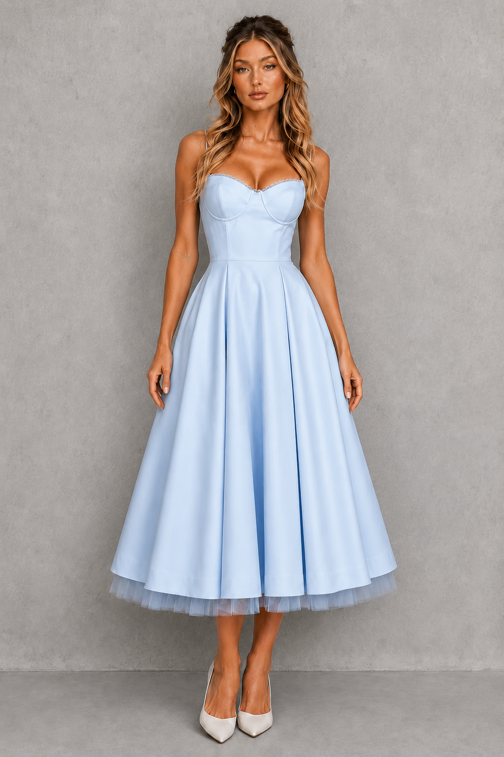 Sweetheart Strappy Corset Ball-Gown Midi Wedding Guest Dress