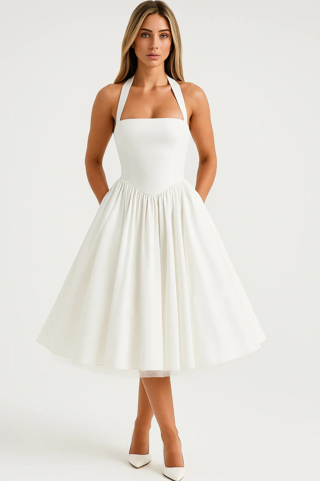 Halter Square-Neck Fit-and-Flare Midi Dress