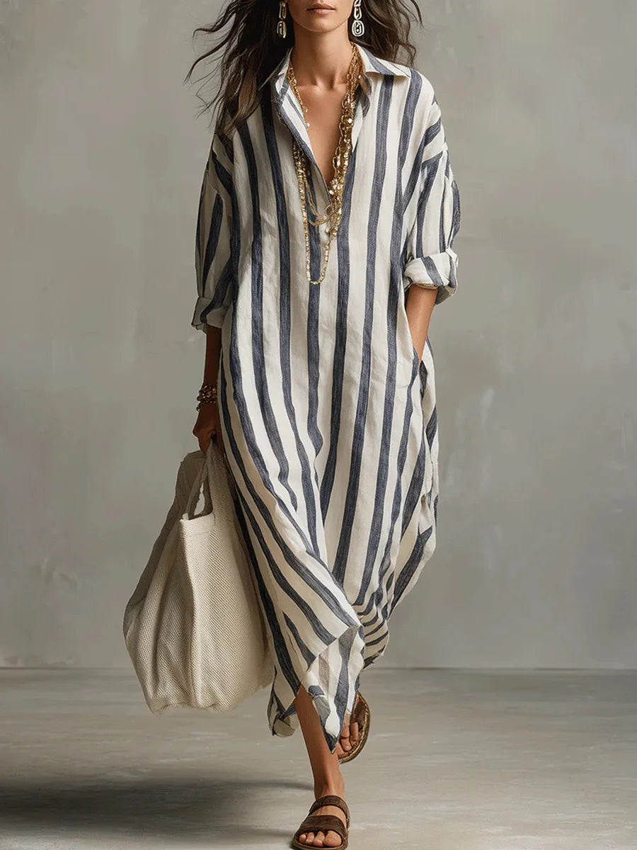 Striped Maxi Collared Dress – Evening-Ready Elegance