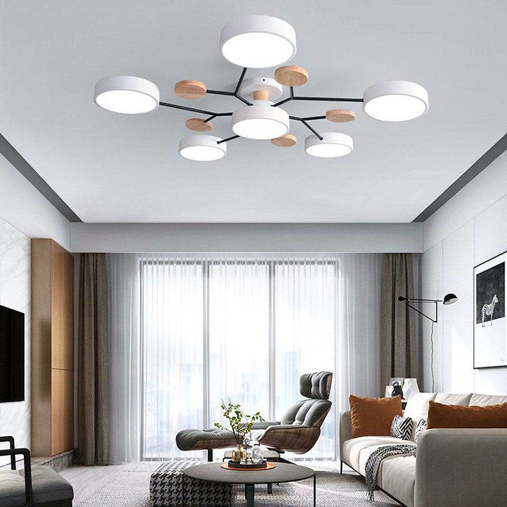 Modern LED Ceiling Light Fixture – Black Round Ceiling Light with Wood Accents