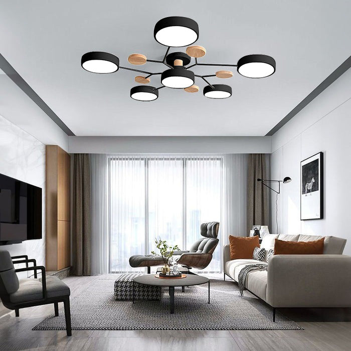 Modern LED Ceiling Light Fixture – Black Round Ceiling Light with Wood Accents