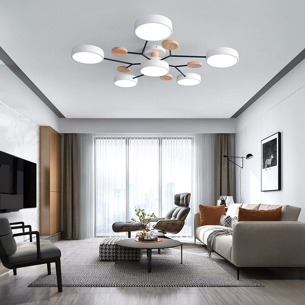 Modern LED Ceiling Light Fixture – Black Round Ceiling Light with Wood Accents