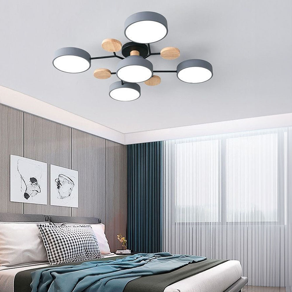 Modern LED Ceiling Light Fixture – Black Round Ceiling Light with Wood Accents