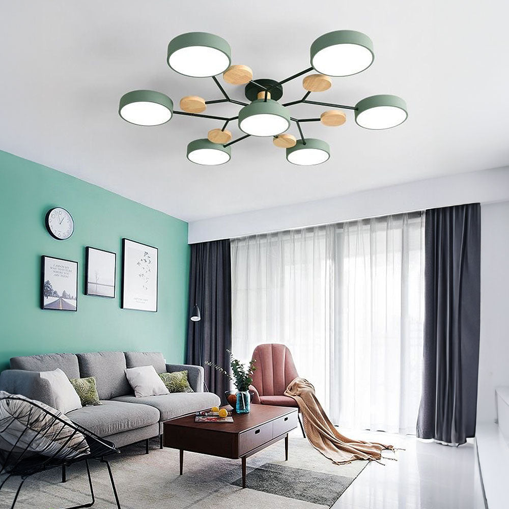 Modern LED Ceiling Light Fixture – Black Round Ceiling Light with Wood Accents