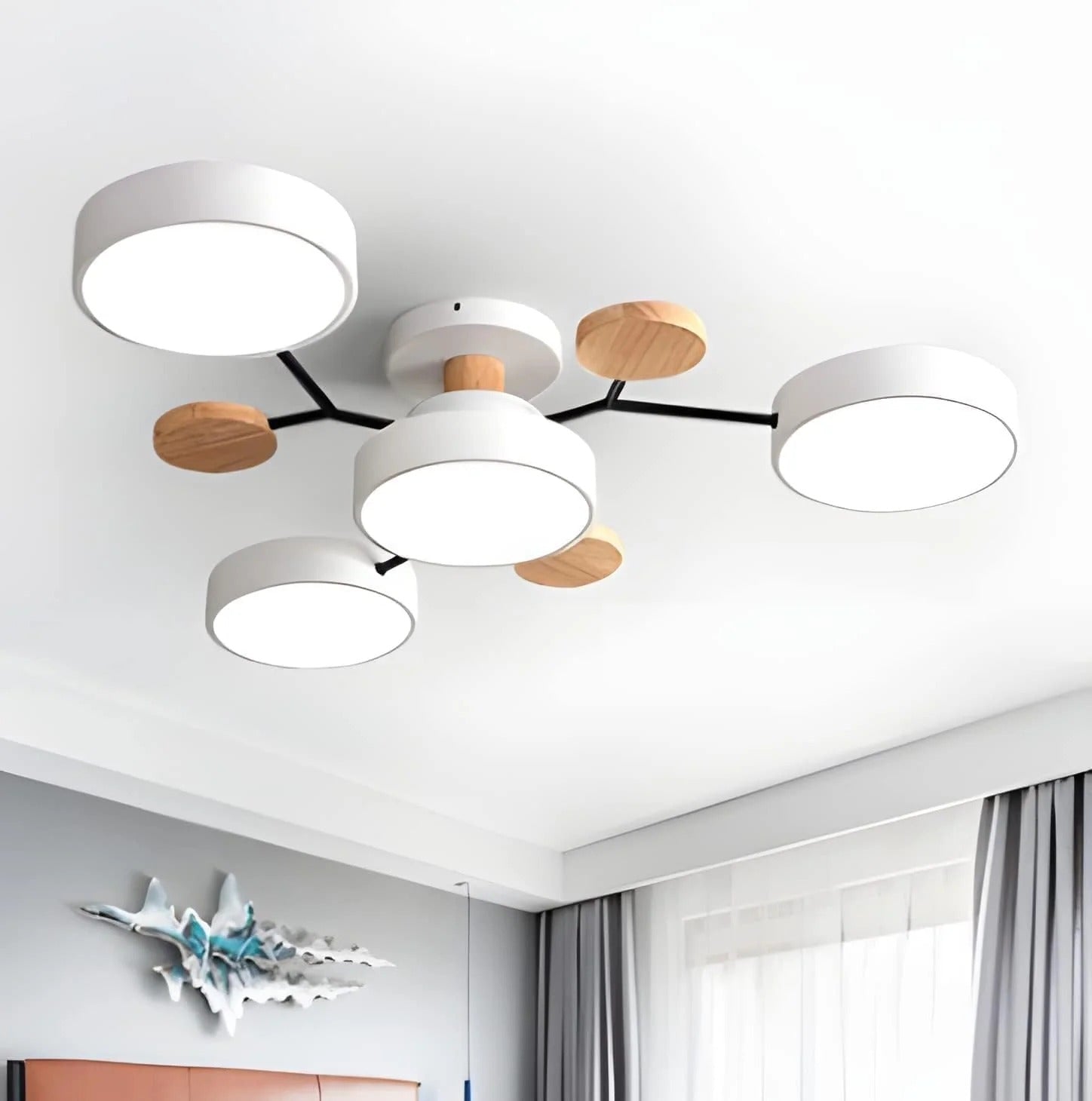 Modern LED Semi-Flush Mount Ceiling Light Fixture – Round Ceiling Light with Wood Accents