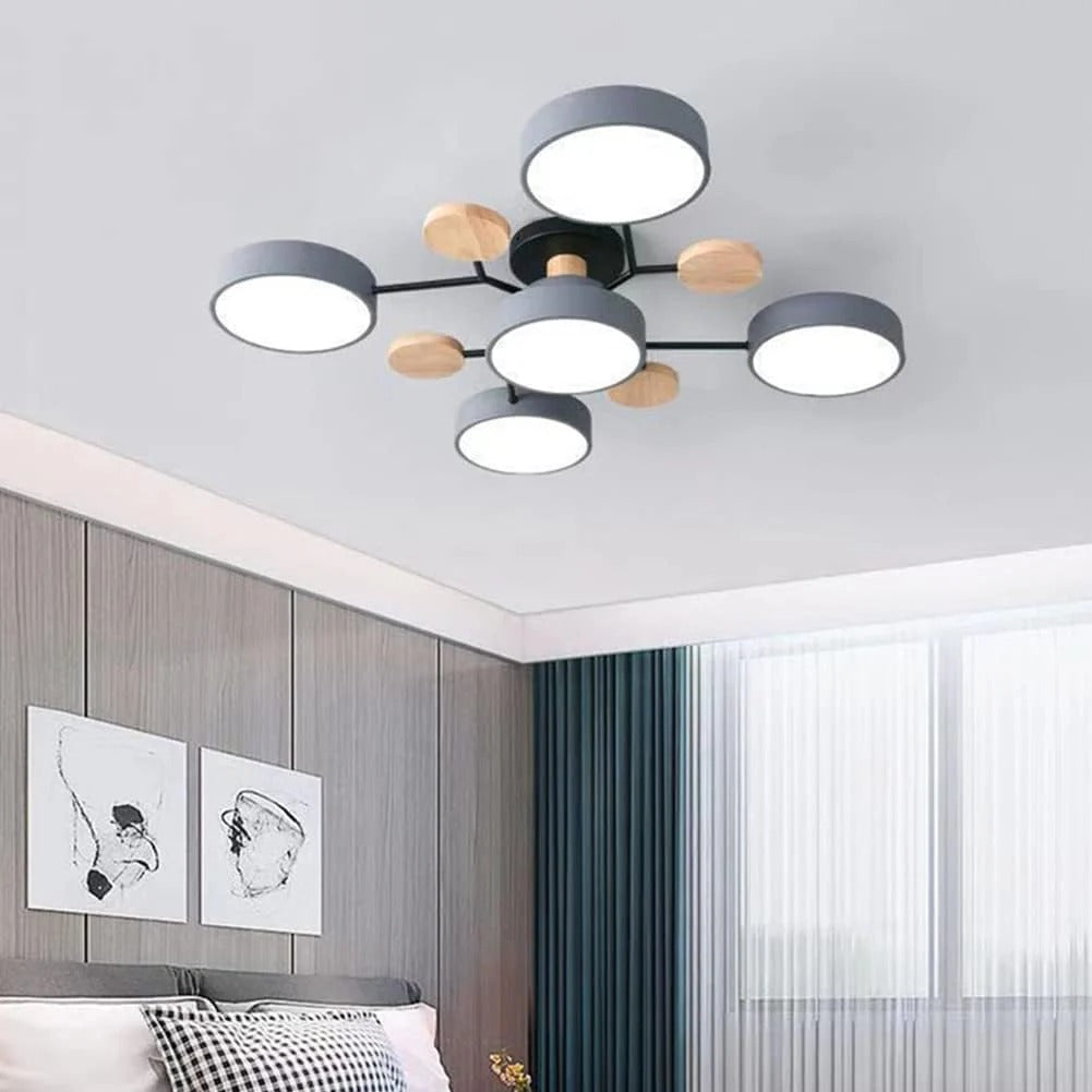 Modern LED Semi-Flush Mount Ceiling Light Fixture – Round Ceiling Light with Wood Accents
