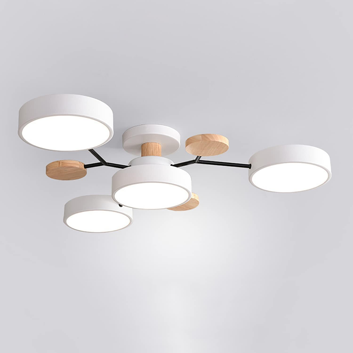 Modern LED Ceiling Light Fixture – Black Round Ceiling Light with Wood Accents